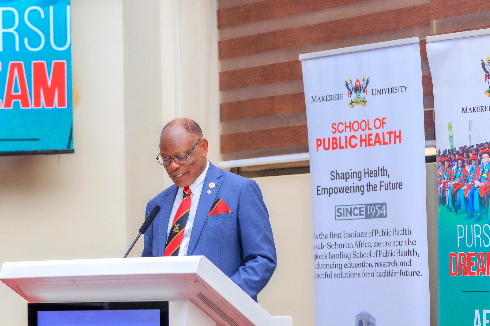 Vice Chancellor Professor Barnabas Nawangwe speaks at a public lecture on health financing for Uganda’s future on April 9, 2026. Construction of Phase II of the Makerere University School of Public Health (MakSPH) Complex, Eastern Gate, Main Campus, Kampala Uganda, East Africa.