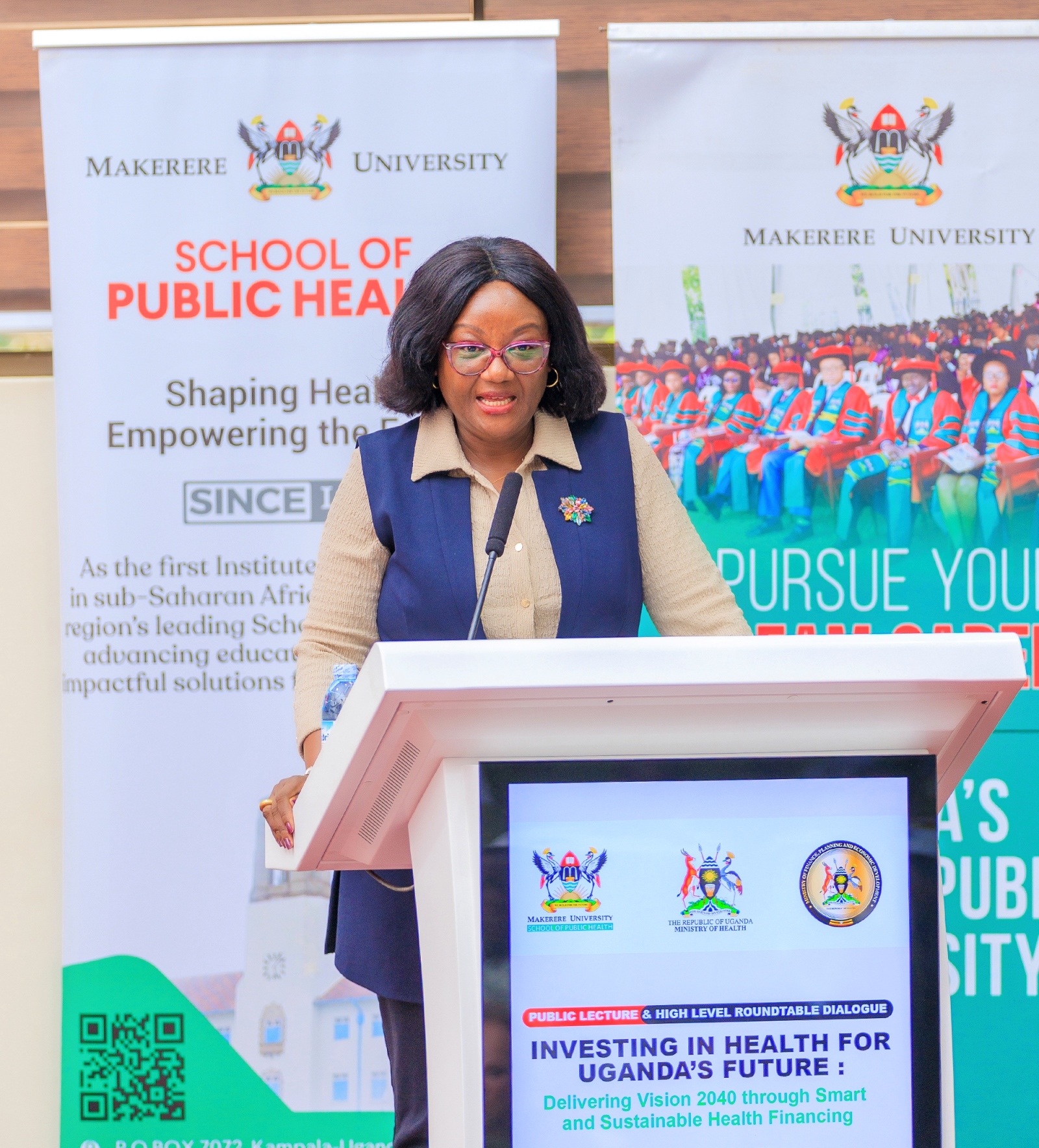 Professor Rhoda Wanyenze, Dean of the Makerere University School of Public Health, speaks at a public lecture on health financing for Uganda’s future, held on April 9, 2026. Construction of Phase II of the Makerere University School of Public Health (MakSPH) Complex, Eastern Gate, Main Campus, Kampala Uganda, East Africa.