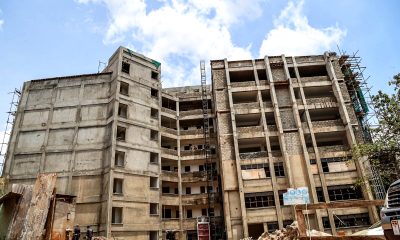 Side elevation of the Makerere University School of Public Health (MakSPH) Phase II complex under construction on the Main Campus. Construction of Phase II of the Makerere University School of Public Health (MakSPH) Complex, Eastern Gate, Main Campus, Kampala Uganda, East Africa.