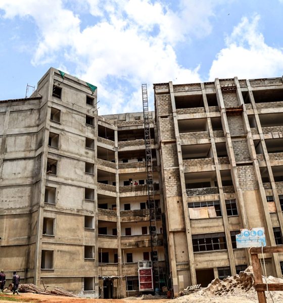 Side elevation of the Makerere University School of Public Health (MakSPH) Phase II complex under construction on the Main Campus. Construction of Phase II of the Makerere University School of Public Health (MakSPH) Complex, Eastern Gate, Main Campus, Kampala Uganda, East Africa.