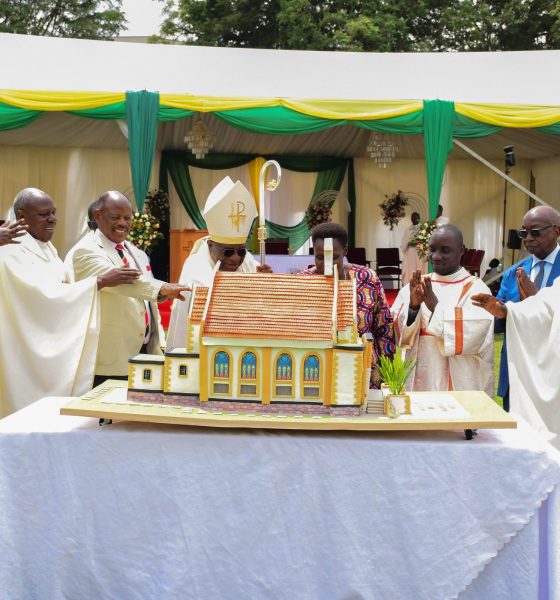 H.E. Maj. (Rtd) Jessica Alupo and His Grace Paul Ssemogerere flanked by Prof. Barnabas Nawangwe, Rev. Fr. Josephat Ddungu, clergy and other officials cuts cake at the thanksgiving Mass on 12th April 2026. Marking 85 years of St. Augustine Chapel under the theme, “Our hearts are restless until they rest in you, O Lord,” thanksgiving Mass led by His Grace, Paul Ssemogerere, Archbishop of the Roman Catholic Archdiocese of Kampala, and Chief Guest as Vice President H.E. Maj. (Rtd)  Jessica Alupo, April 12, 2026, Freedom Square, Makerere University, Kampala Uganda, East Africa.