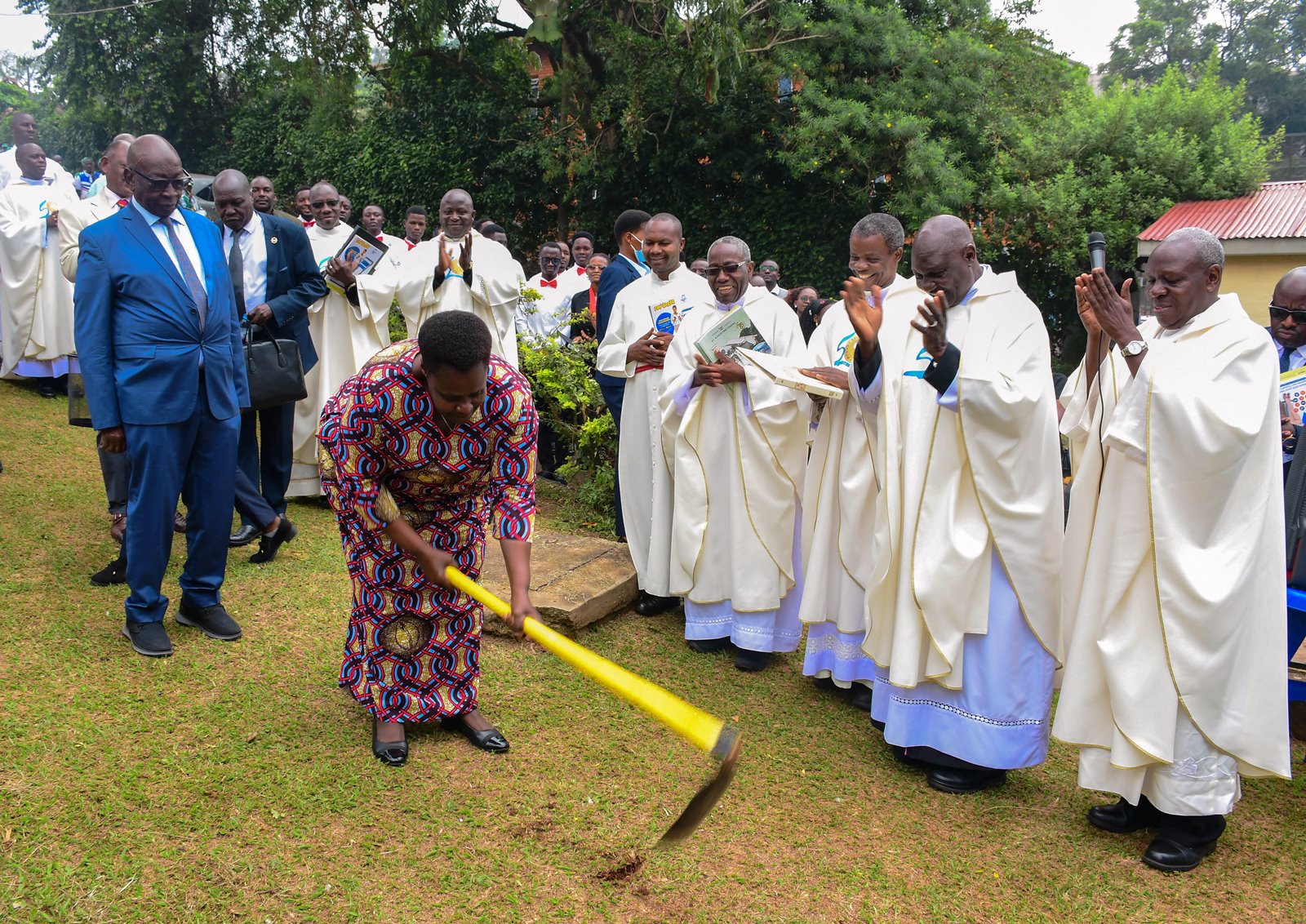 H.E. Maj. (Rtd) Jessica Alupo breaks ground for the St. Augustine Students’ Centre. Marking 85 years of St. Augustine Chapel under the theme, “Our hearts are restless until they rest in you, O Lord,” thanksgiving Mass led by His Grace, Paul Ssemogerere, Archbishop of the Roman Catholic Archdiocese of Kampala, and Chief Guest as Vice President H.E. Maj. (Rtd)  Jessica Alupo, April 12, 2026, Freedom Square, Makerere University, Kampala Uganda, East Africa.