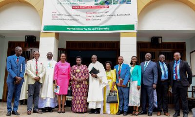 The Vice President H.E Jessica Alupo (5th L), with the Vice Chancellor-Prof. Barnabas Nawangwe (2nd L), the Chaplain Rev. Fr. Josephat Ddungu (6th L) pose for a commemorative photo with other University officials at St. Augustine Chapel ahead of the Holy Mass and the Fundraising Event for the expansion of the Student Centre. Marking 85 years of St. Augustine Chapel under the theme, “Our hearts are restless until they rest in you, O Lord,” thanksgiving Mass led by His Grace, Paul Ssemogerere, Archbishop of the Roman Catholic Archdiocese of Kampala, and Chief Guest as Vice President H.E. Maj. (Rtd)  Jessica Alupo, April 12, 2026, Freedom Square, Makerere University, Kampala Uganda, East Africa.