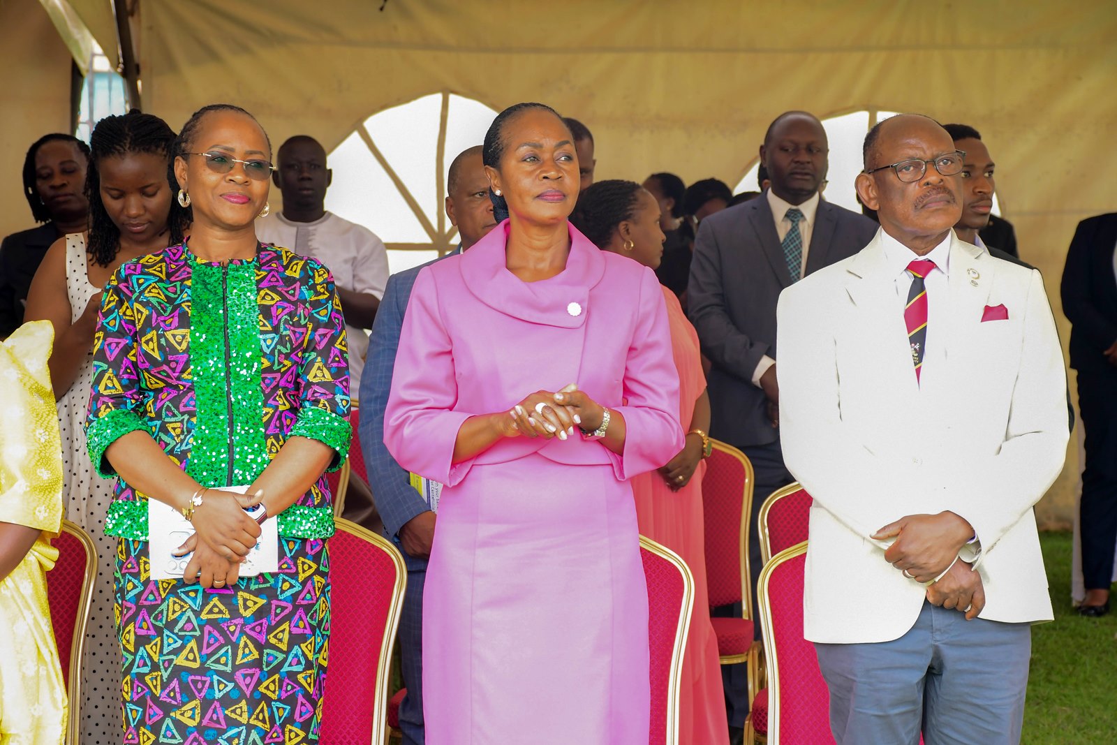 L-R: Prof. Sarah Ssali, Dr. Winifred Kabumbuli and Prof. Barnabas Nawangwe attend Mass. Marking 85 years of St. Augustine Chapel under the theme, “Our hearts are restless until they rest in you, O Lord,” thanksgiving Mass led by His Grace, Paul Ssemogerere, Archbishop of the Roman Catholic Archdiocese of Kampala, and Chief Guest as Vice President H.E. Maj. (Rtd)  Jessica Alupo, April 12, 2026, Freedom Square, Makerere University, Kampala Uganda, East Africa.