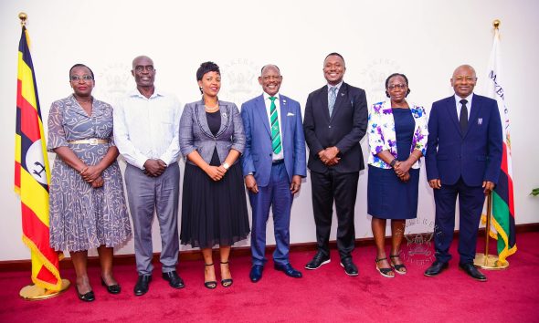 Prof. Barnabas Nawangwe (C) with L-R: Ms. Kevin Nabiryo, Mr. Godfrey Othieno, Dr. Allen Kabagenyi, Dr. Daniel Ruhweza, Dr. Lillian Tukahirwa and Prof. Josaphat Byamugisha after the inauguration on 20th April 2026. Vice Chancellor, Prof. Barnabas Nawangwe inaugurates Second Makerere University Health User Committee (Mak-HUC) chaired by Dr. Allen Kabagenyi, 20th April 2026, Main Building, Kampala Uganda, East Africa.