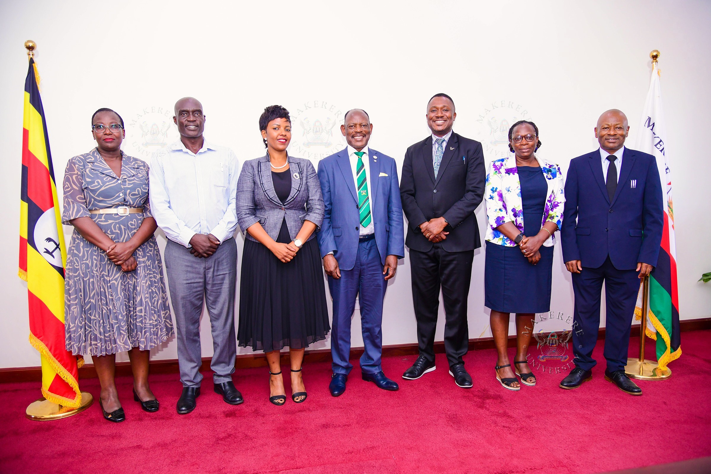 Prof. Barnabas Nawangwe (C) with L-R: Ms. Kevin Nabiryo, Mr. Godfrey Othieno, Dr. Allen Kabagenyi, Dr. Daniel Ruhweza, Dr. Lillian Tukahirwa and Prof. Josaphat Byamugisha after the inauguration on 20th April 2026. Vice Chancellor, Prof. Barnabas Nawangwe inaugurates Second Makerere University Health User Committee (Mak-HUC) chaired by Dr. Allen Kabagenyi, 20th April 2026, Main Building, Kampala Uganda, East Africa.