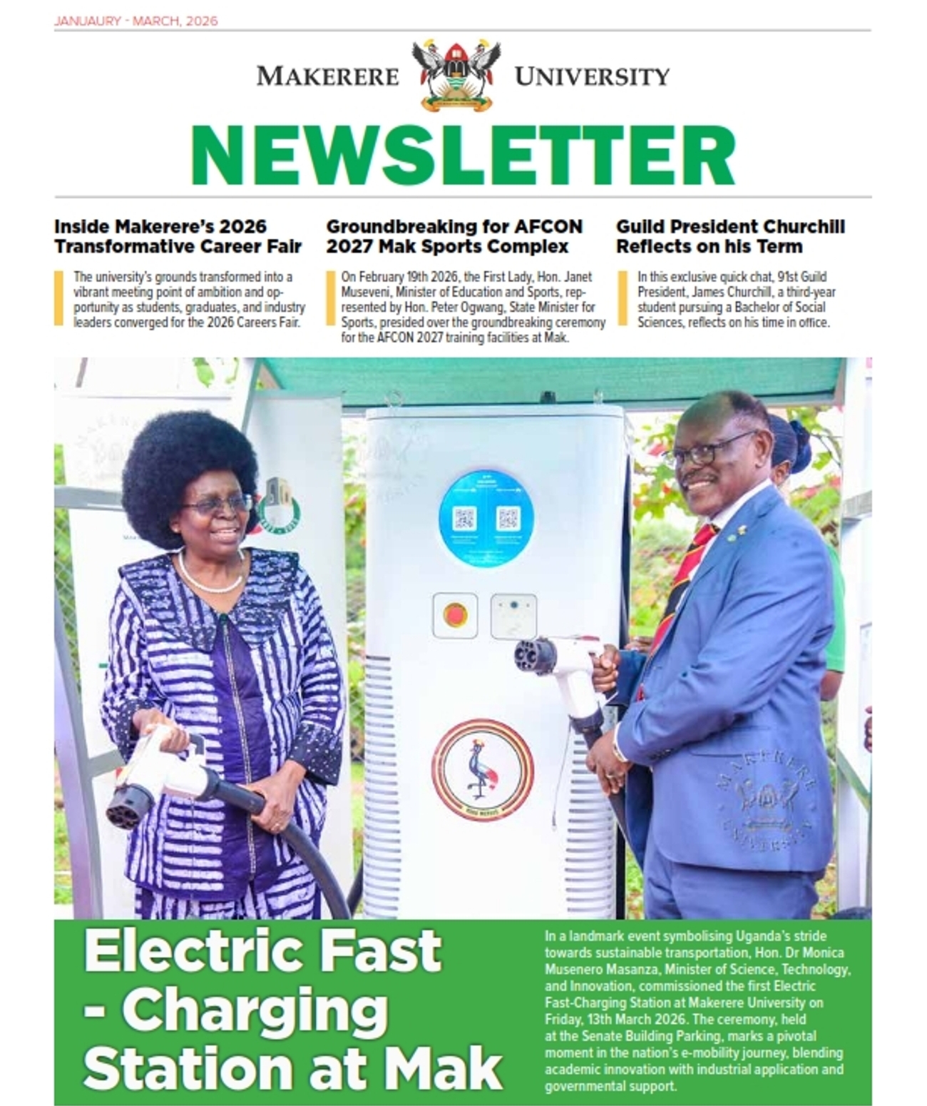 Cover Page of the Makerere University Newsletter Jan-Mar 2026. Kampala Uganda, East Africa.