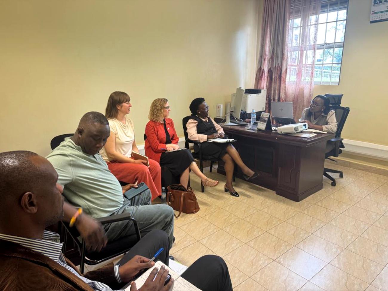 L-R: Dr. Ronald Semyalo, Emmanuel Ovon Babatunde, Kristin Svartveit, Vivil Valvik Haraldsen, Prof. Sylvia Nannyonga Tamusuza and Dr. Racheal Ddungu during the engagement. Alliance for African Partnership (AAP), Africa Office hosts delegation from the University of Bergen (UiB)'s Division of Research and Innovation, 14th May 2026, Yusuf Lule Central Teaching Facility, Makerere University, Kampala Uganda, East Africa.