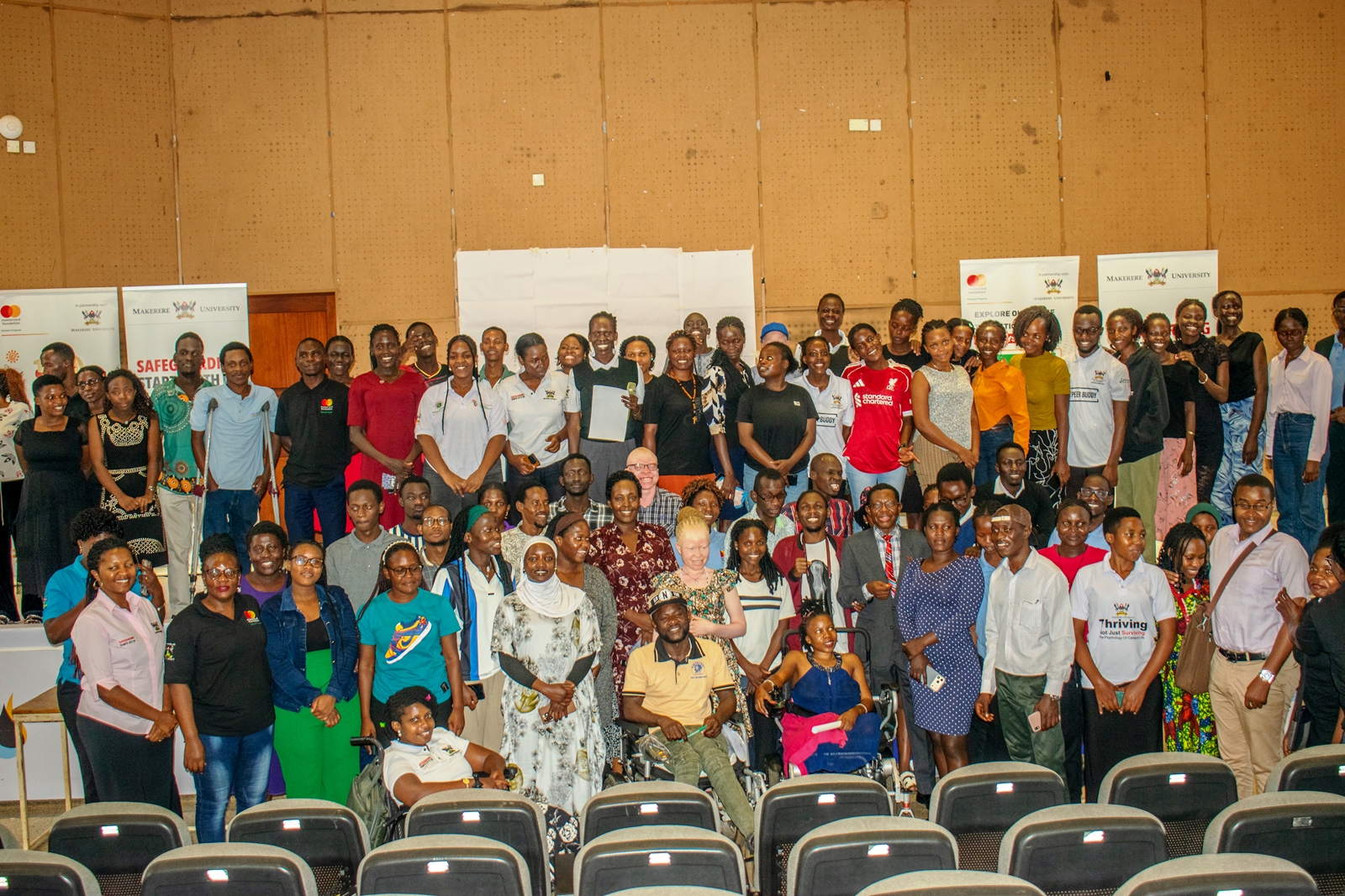 Prof. Buyinza Mukadasi and other officials pose with students for a group photo after the pre-examination mental health workshop on 15th May 2026. Pre-End of Semester Two Examinations 2026/2026 mental health workshop organised by the Mastercard Foundation Scholars Program, 15th May 2026, Yusuf Lule Central Teaching Facility Auditorium, Makerere University, Kampala Uganda, East Africa.
