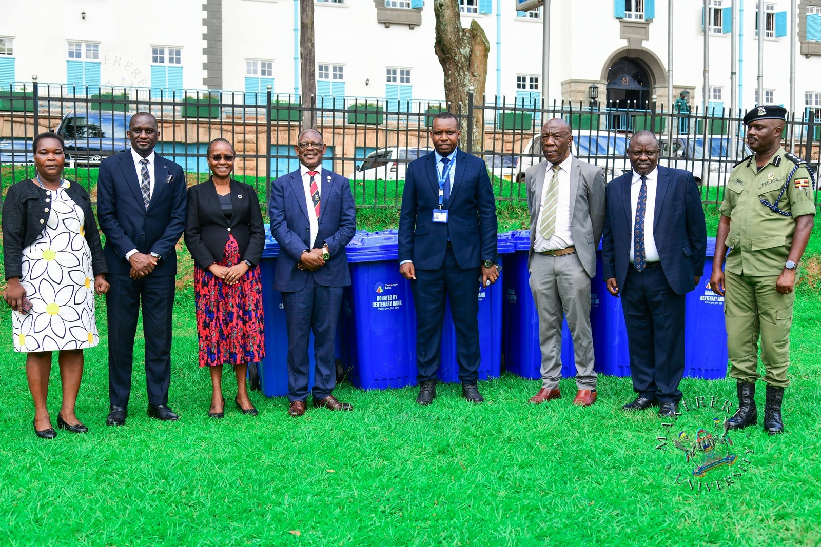 Officials pose for a group photo after the donation ceremony. Donation of 30 waste bins by Centenary Bank’s Makerere Branch as part of ESG objectives, 11th May 2026, Freedom Square, Makerere University, Kampala Uganda.