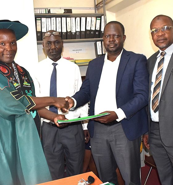 Prof. Michael Owor (L) handing over to Prof. David Ssevviiri. Second left is Makerere University Chief of Internal Audit, Mr Patrick Akonyet and on the right is Prof. Juma Kasozi, Deputy Principal, CoNAS. Prof. Michael Owor officially hands over office of Dean, School of Physical Sciences to Prof. David Ssevviiri for the next four years, effective 6th May 2026, on 28th May 2026, College of Natural Sciences (CoNAS), Makerere University, Kampala Uganda, East Africa.