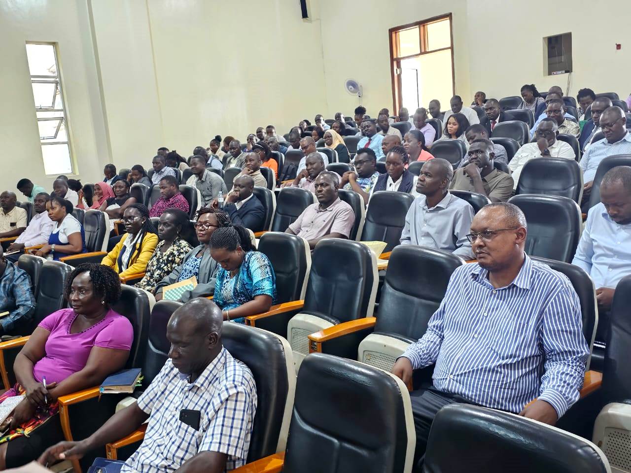 Part of the audience. Directorate of Graduate Training orientation of PhD Cohort 11 (2025/2026) presided over by Academic Registrar, Prof. Buyinza Mukadasi, April, 2026, School of Food Technology, Nutrition and Bioengineering Conference Hall, CAES, Makerere University, Kampala Uganda, East Africa.