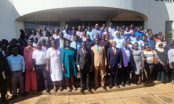 A group photo of participants at the PhD Cohort 11 Orientation. Directorate of Graduate Training orientation of PhD Cohort 11 (2025/2026) presided over by Academic Registrar, Prof. Buyinza Mukadasi, April, 2026, School of Food Technology, Nutrition and Bioengineering Conference Hall, CAES, Makerere University, Kampala Uganda, East Africa.