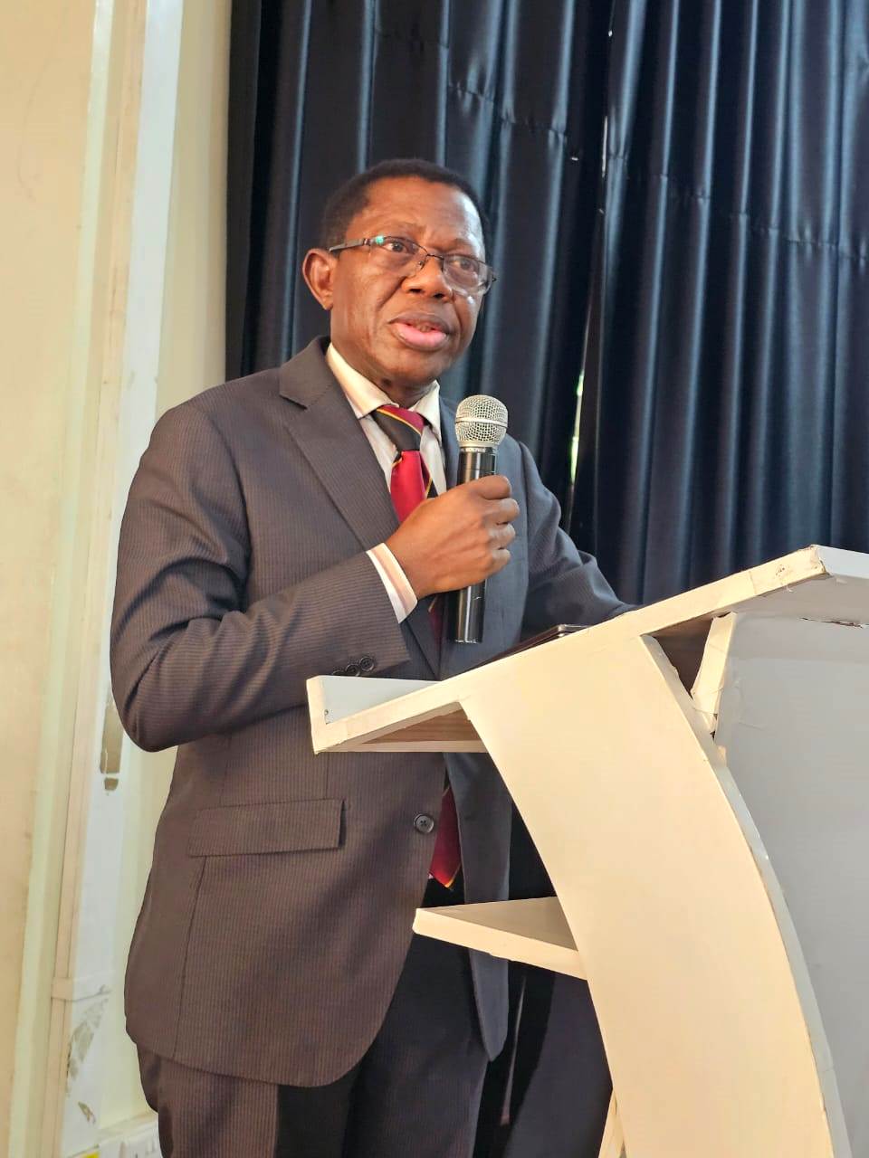 Prof. Buyinza at the opening of the PhD orientation program. Directorate of Graduate Training orientation of PhD Cohort 11 (2025/2026) presided over by Academic Registrar, Prof. Buyinza Mukadasi, April, 2026, School of Food Technology, Nutrition and Bioengineering Conference Hall, CAES, Makerere University, Kampala Uganda, East Africa.
