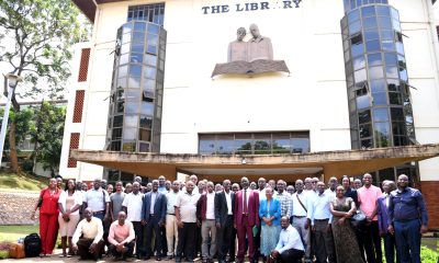 Prof. Julius Kikooma and Prof. Stella Neema pose for a group photo outside the Main Library with facilitators and PhD students after the training on 25th May 2025. Closure of a 10-day PhD cross-cutting training in Advanced Research Methods organized by the Directorate of Graduate Training and supported by iCARTA as part of efforts to strengthen doctoral education and research capacity, 25th May 2026, Main Library Room 24/7, Makerere University, Kampala Uganda, East Africa.