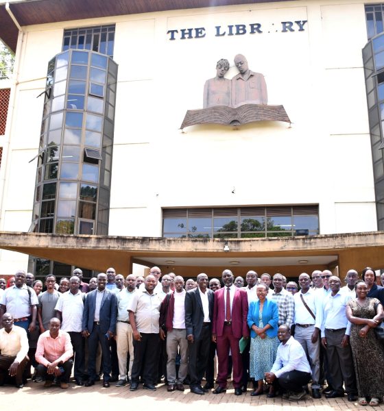 Prof. Julius Kikooma and Prof. Stella Neema pose for a group photo outside the Main Library with facilitators and PhD students after the training on 25th May 2025. Closure of a 10-day PhD cross-cutting training in Advanced Research Methods organized by the Directorate of Graduate Training and supported by iCARTA as part of efforts to strengthen doctoral education and research capacity, 25th May 2026, Main Library Room 24/7, Makerere University, Kampala Uganda, East Africa.