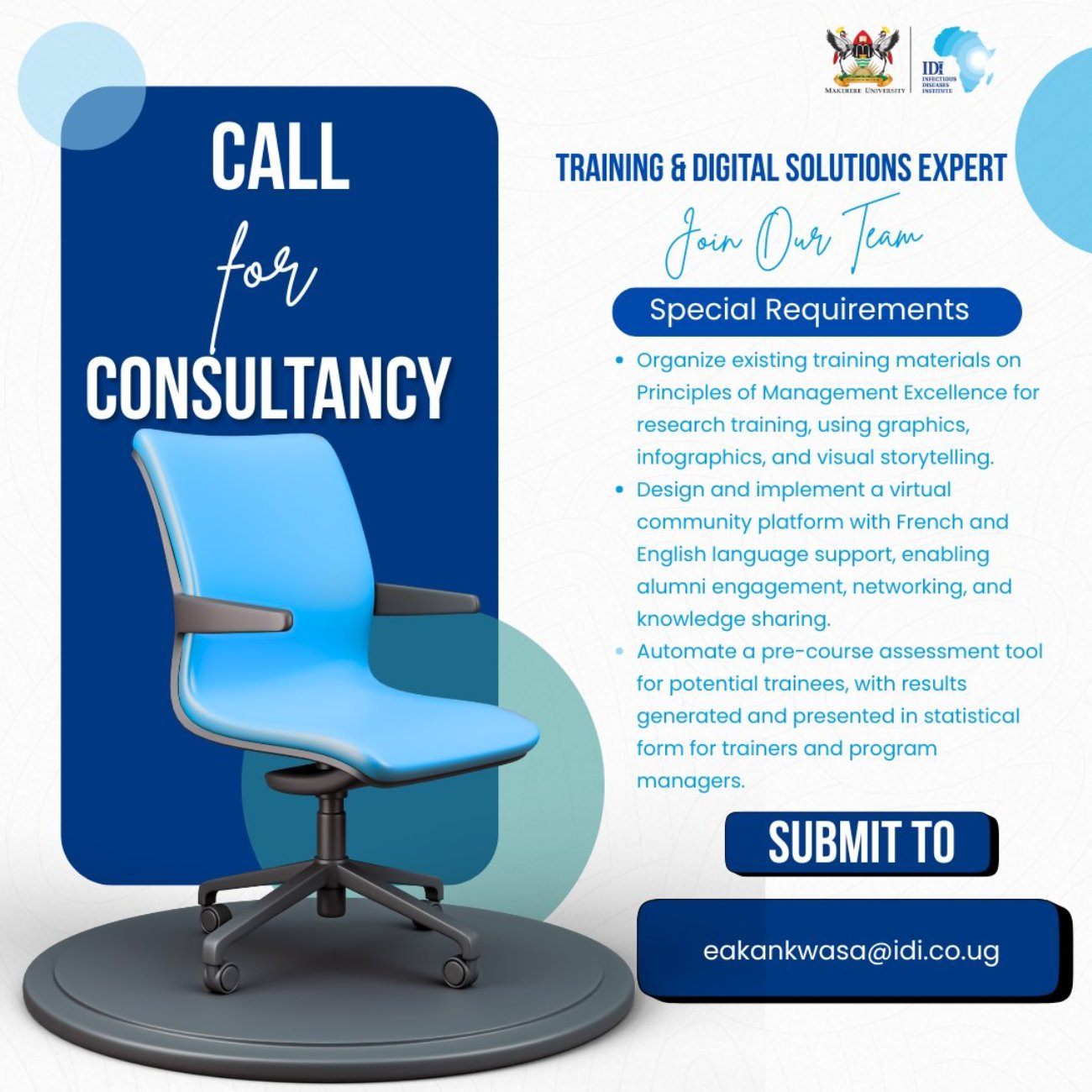 Infectious Diseases Institute (IDI) Request For Consultancy Services: Training & Digital Solutions Expert. Makerere University, Kampala Uganda, East Africa