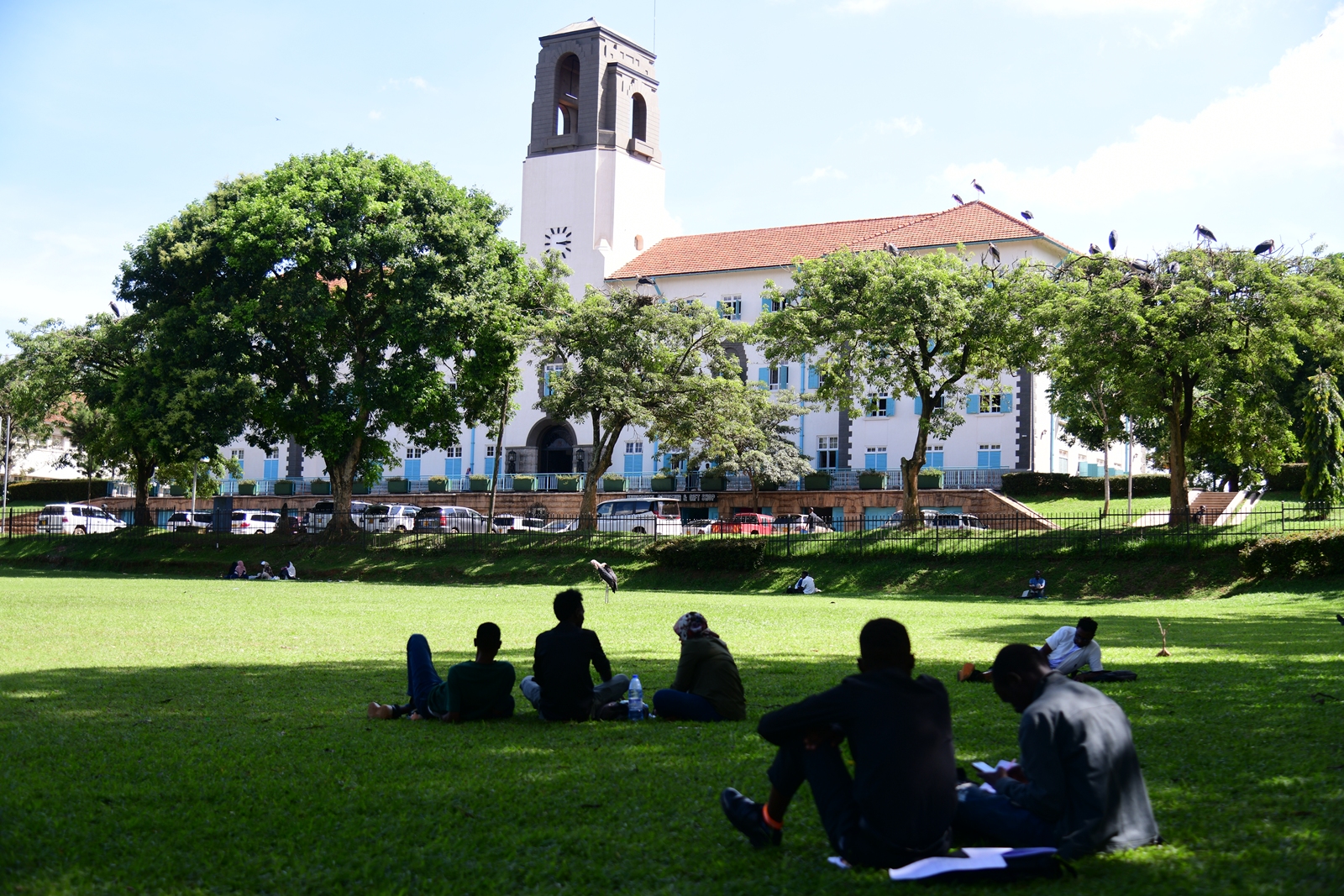 Student discussion groups converge in tree shades on the edges of the Freedom Square overlooked by the Main Building. Makerere University, Kampala Uganda, East Africa.