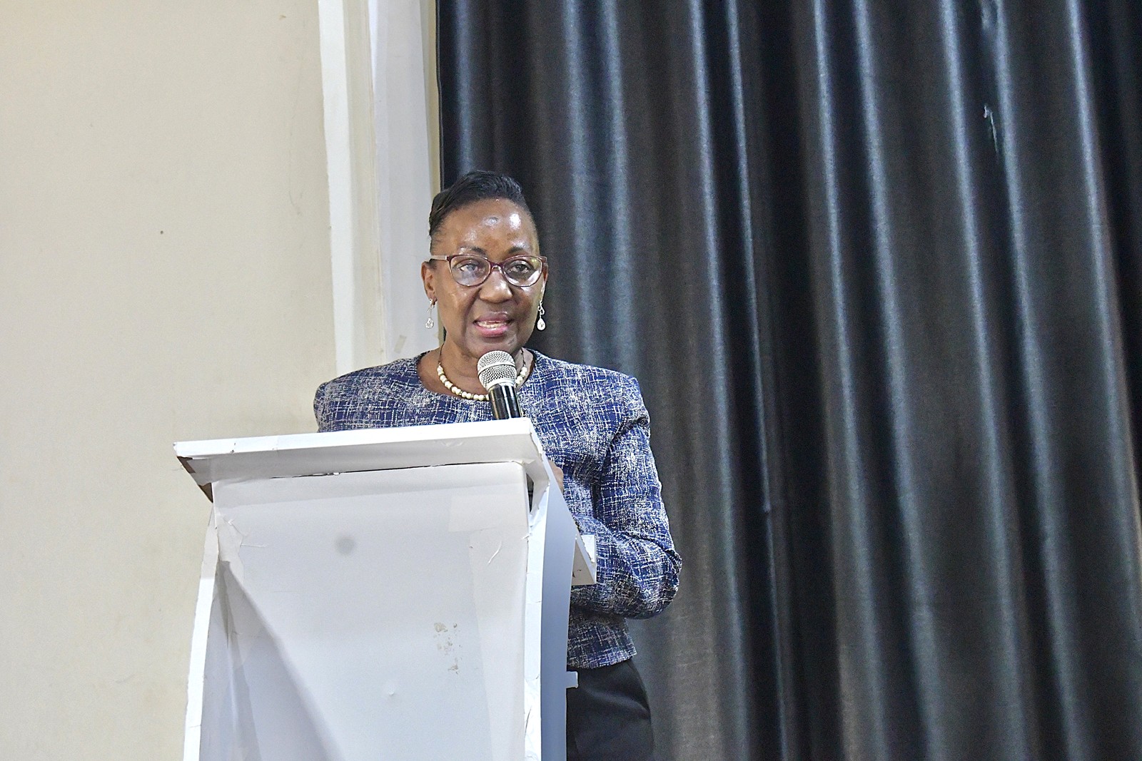 CAES Principal, Prof. Gorettie Nabanoga briefing the University Senior Management team about graduate training and research activities at the College. Management strategic engagement with staff at the College of Agricultural and Environmental Sciences (CAES), 11 May 2026, Conference Hall, School of Food Technology, Nutrition and Bioengineering, Makerere University, Kampala Uganda.