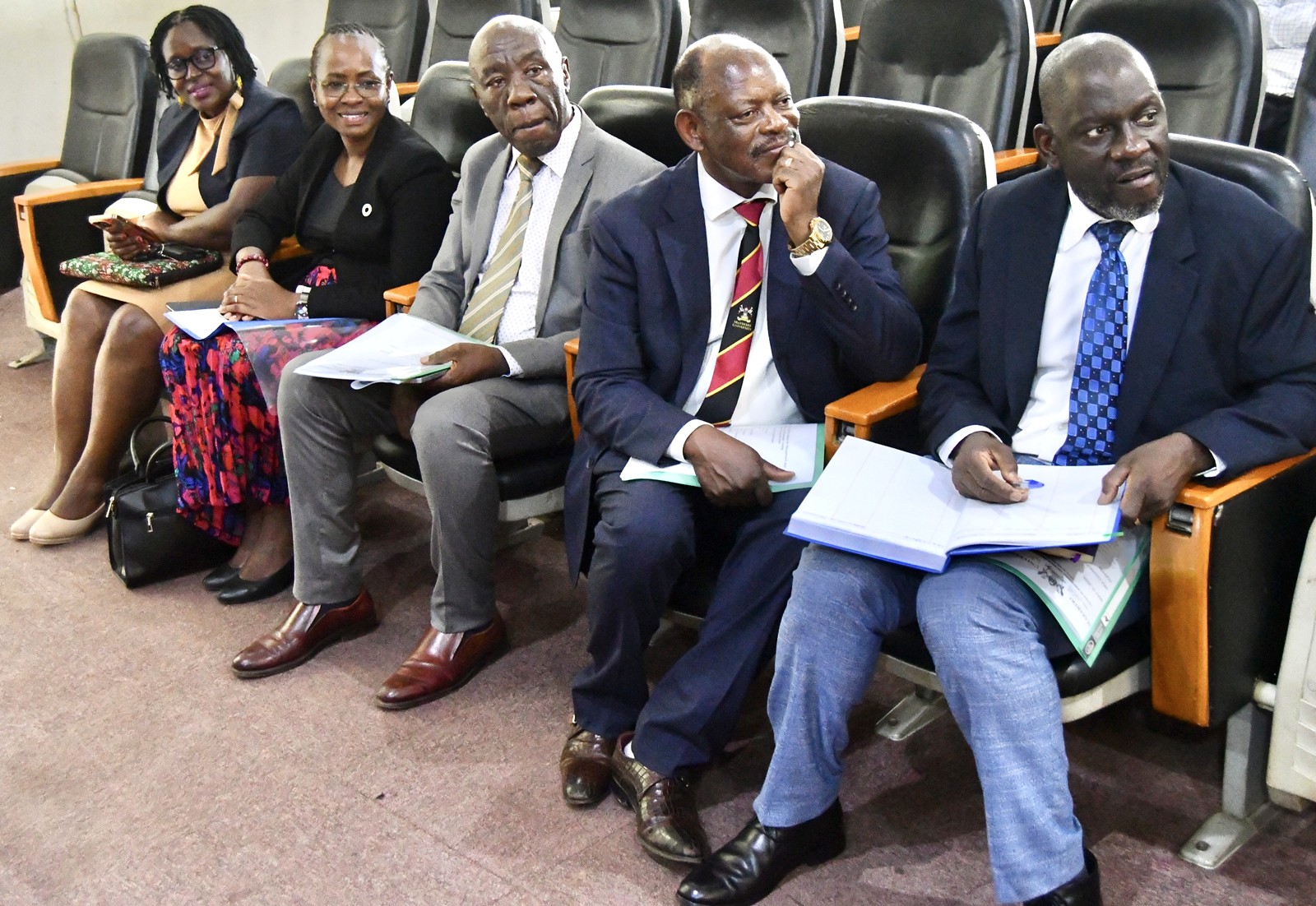 Makerere University Senior Management members during the meeting. Management strategic engagement with staff at the College of Agricultural and Environmental Sciences (CAES), 11 May 2026, Conference Hall, School of Food Technology, Nutrition and Bioengineering, Makerere University, Kampala Uganda.