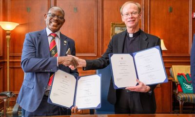 The Vice Chancellor, Prof. Barnabas Nawangwe (L) and the ND 18th President, Rev. Robert A. Dowd shake hands after signing the MoU. Makerere University Kampala, Uganda and the University of Notre Dame, South Bend, Indiana, USA (ND) sign MOU, which opens opportunities for collaboration between the two historic and leading research institutions in the areas of staff and student exchange, joint research and training, joint supervision of graduate students, and others, May 2026.