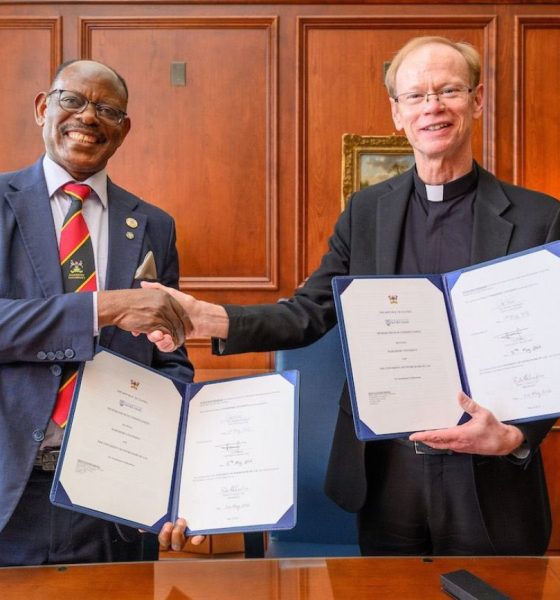 The Vice Chancellor, Prof. Barnabas Nawangwe (L) and the ND 18th President, Rev. Robert A. Dowd shake hands after signing the MoU. Makerere University Kampala, Uganda and the University of Notre Dame, South Bend, Indiana, USA (ND) sign MOU, which opens opportunities for collaboration between the two historic and leading research institutions in the areas of staff and student exchange, joint research and training, joint supervision of graduate students, and others, May 2026.