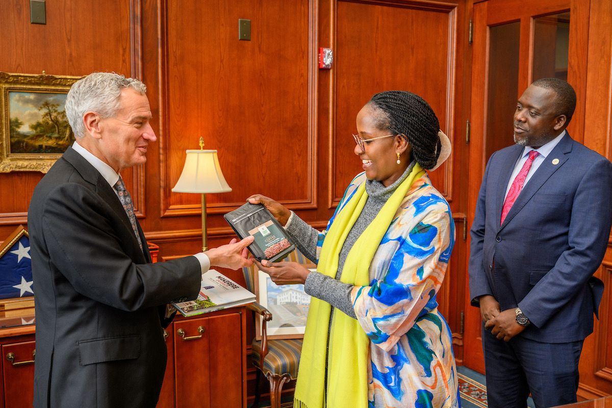 The Chairperson of Council Dr. Lorna Magara (Centre) presents Mak Coffee to an ND official as University Secretary-Mr. Yusuf Kiranda (Right) witnesses. Makerere University Kampala, Uganda and the University of Notre Dame, South Bend, Indiana, USA (ND) sign MOU, which opens opportunities for collaboration between the two historic and leading research institutions in the areas of staff and student exchange, joint research and training, joint supervision of graduate students, and others, May 2026.