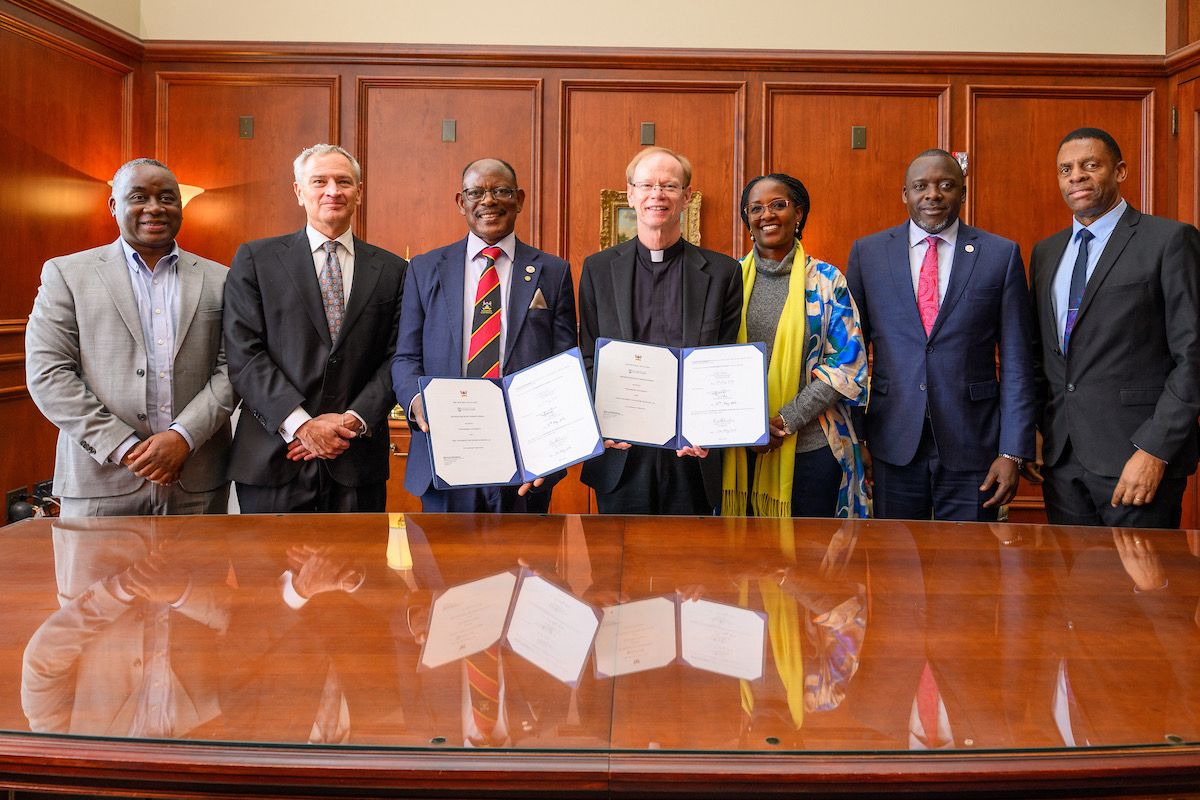 Officials pose for a group photo with the signed MoU. Makerere University Kampala, Uganda and the University of Notre Dame, South Bend, Indiana, USA (ND) sign MOU, which opens opportunities for collaboration between the two historic and leading research institutions in the areas of staff and student exchange, joint research and training, joint supervision of graduate students, and others, May 2026.