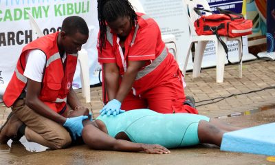 Demonstration of emergency medical procedures performed by the Uganda Red Cross Society at the first-ever National Water Safety Swimming Gala organised by the Ministry of Water and Environment at Greenhill Academy in Kibuli on March 21, 2026. Photo: Makerere University School of Public Health (MakSPH), Kampala Uganda, East Africa.