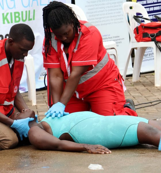 Demonstration of emergency medical procedures performed by the Uganda Red Cross Society at the first-ever National Water Safety Swimming Gala organised by the Ministry of Water and Environment at Greenhill Academy in Kibuli on March 21, 2026. Photo: Makerere University School of Public Health (MakSPH), Kampala Uganda, East Africa.