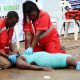 Demonstration of emergency medical procedures performed by the Uganda Red Cross Society at the first-ever National Water Safety Swimming Gala organised by the Ministry of Water and Environment at Greenhill Academy in Kibuli on March 21, 2026. Photo: Makerere University School of Public Health (MakSPH), Kampala Uganda, East Africa.