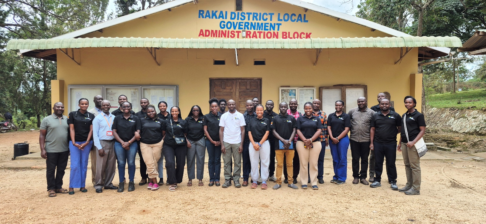 Prof. Isa Kabenge (Centre in white) with Masters Scholars under ACC and Officials at the Rakai District Local Government Administration Block during the reconnaissance visit held 5th-6th June 2026. Makerere University Master's Scholars under the Africa Climate Collaborative (ACC), an initiative supported by the Mastercard Foundation, reconnaissance visit to Lwengo and Rakai districts in preparation of their academic research engagements, 5th-6th June 2026, Uganda, East Africa.
