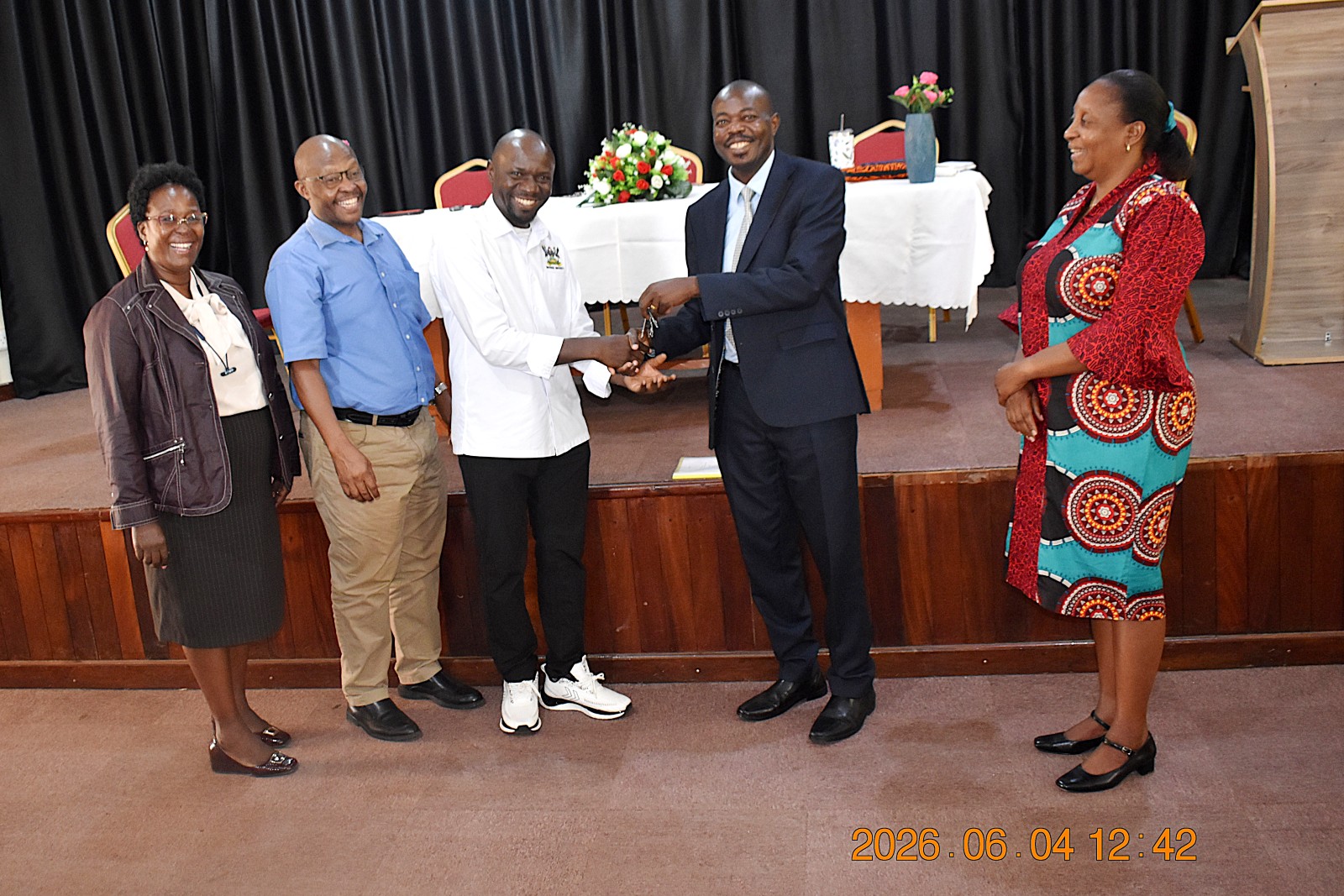 Prof. Isa Kabenge handing over the office keys to Prof. Joshua Wanyama. Prof. Isa Kabenge has officially hands over leadership of the Department of Agricultural and Biosystems Engineering (DABE) on 4th June 2026, School of Food Technology, Nutrition and Bioengineering Conference Hall, College of Agricultural and Environmental Sciences (CAES), Makerere University, Kampala Uganda, East Africa.