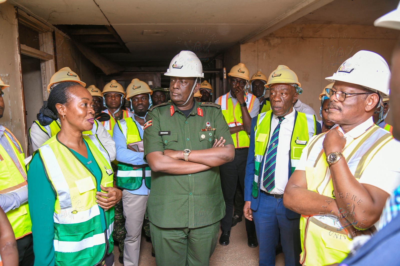 L-R: Dr. Winifred Kabumbuli, Lt. Gen. James Mugira, Prof. Henry Alinaitwe and Prof. Barnabas Nawangwe inspect the top floor of CCE Hall. Vice Chancellor, Prof. Barnabas Nawangwe hands over CCE (Complex) Hall of Residence Site to National Enterprise Corporation (NEC) Managing Director and CEO, Lt. Gen. James Mugira for renovation and overhaul works, Friday, 26th June 2026, Makerere University, Kampala Uganda, East Africa.