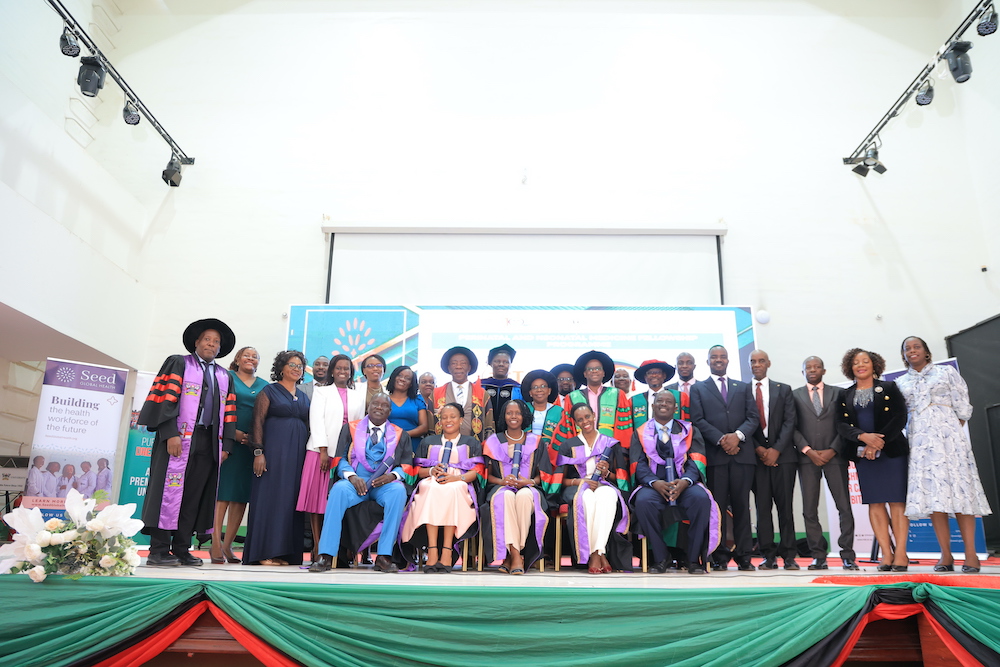 The first cohort of fellows that graduated from the Perinatal and Neonatal Medicine Fellowship Programme (seated) with dignitaries on 17th June 2026. College of Health Sciences graduated the first cohort of fellows from the Perinatal and Neonatal Medicine Fellowship Programme, 17th June 2026, Main Hall, Makerere University, Kampala Uganda, East Africa.