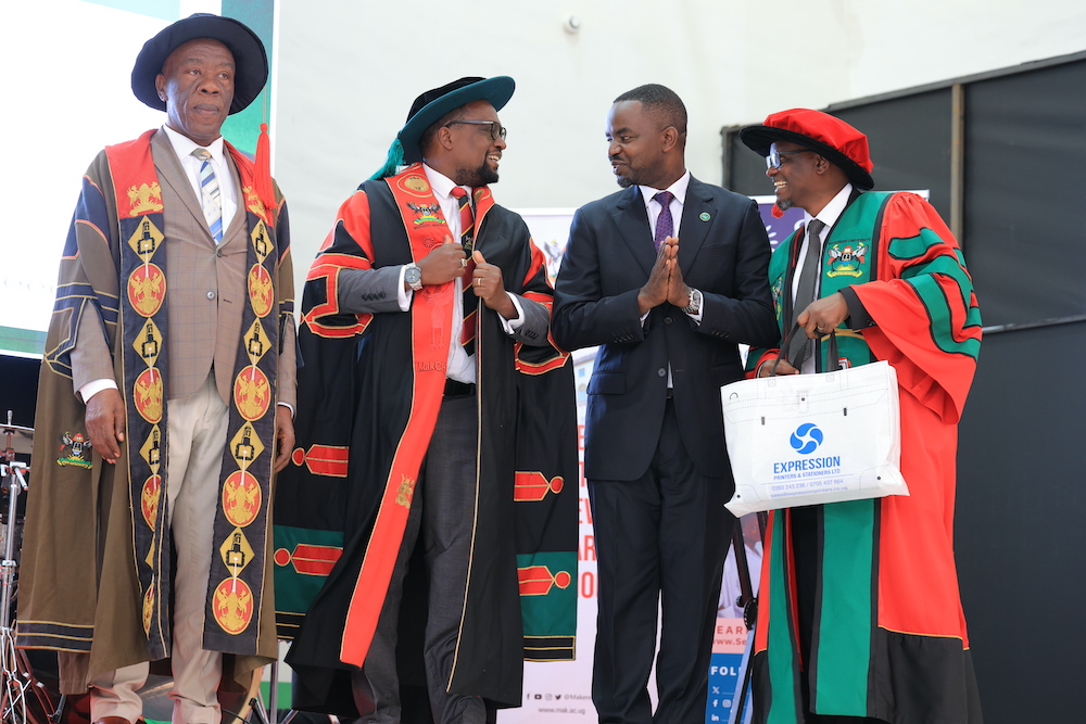 L-R: Prof. Henry Alinaitwe, Prof. Bruce Kirenga, Dr. Richard Mugahi and an official at the graduation. College of Health Sciences graduated the first cohort of fellows from the Perinatal and Neonatal Medicine Fellowship Programme, 17th June 2026, Main Hall, Makerere University, Kampala Uganda, East Africa.
