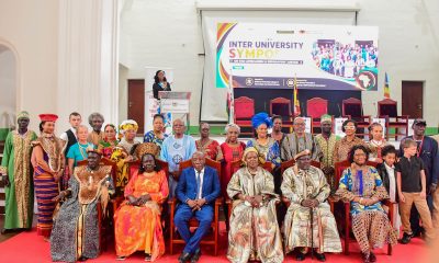 The Acting Vice Chancellor-Prof. Henry Alinaitwe (Centre) with royals and dignitaries at the Symposium on 21st May 2026. Inter-University Symposium on Pan-Africanism and Reparatory Justice held ahead 21st May 2025 of the Africa Day Celebrations with over 23 participating Universities, Main Hall, Makerere University, Kampala Uganda, East Africa.