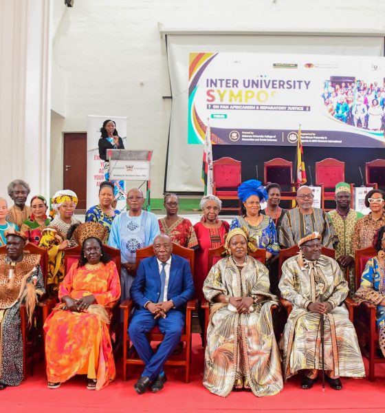 The Acting Vice Chancellor-Prof. Henry Alinaitwe (Centre) with royals and dignitaries at the Symposium on 21st May 2026. Inter-University Symposium on Pan-Africanism and Reparatory Justice held ahead 21st May 2025 of the Africa Day Celebrations with over 23 participating Universities, Main Hall, Makerere University, Kampala Uganda, East Africa.