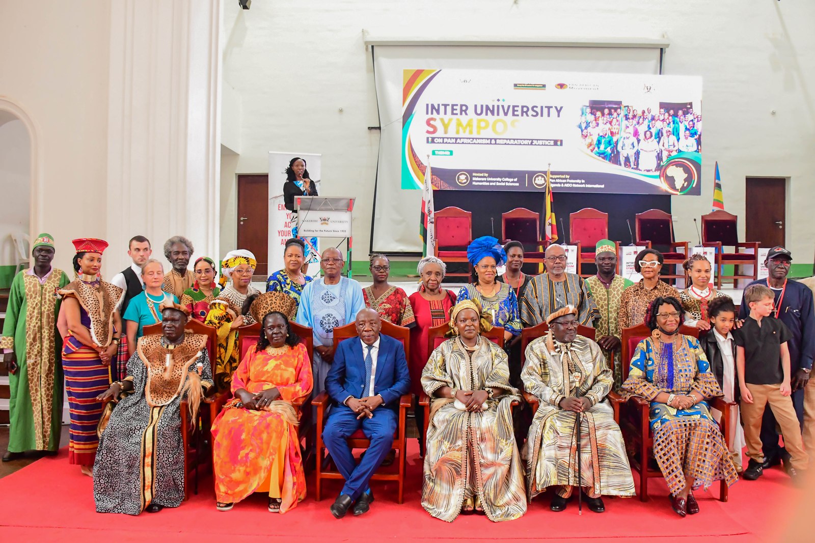 The Acting Vice Chancellor-Prof. Henry Alinaitwe (Centre) with royals and dignitaries at the Symposium on 21st May 2026. Inter-University Symposium on Pan-Africanism and Reparatory Justice held ahead 21st May 2025 of the Africa Day Celebrations with over 23 participating Universities, Main Hall, Makerere University, Kampala Uganda, East Africa.