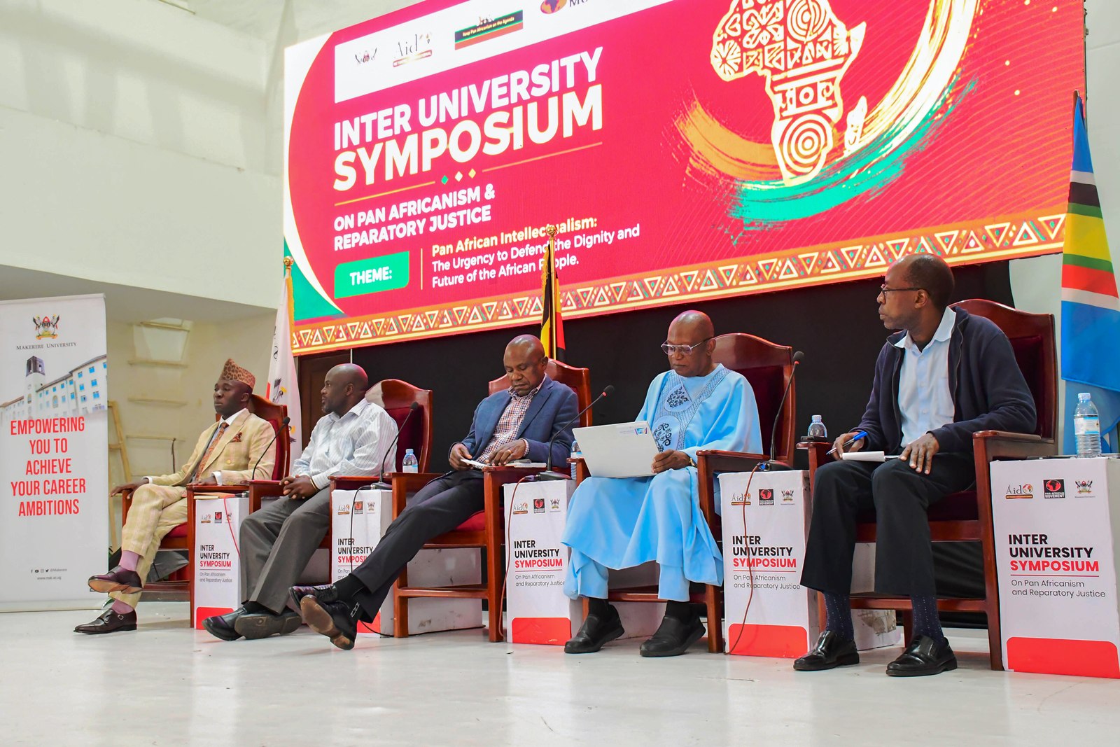 The Panel on Pan-Africanism and Intellectualism. Inter-University Symposium on Pan-Africanism and Reparatory Justice held ahead 21st May 2025 of the Africa Day Celebrations with over 23 participating Universities, Main Hall, Makerere University, Kampala Uganda, East Africa.