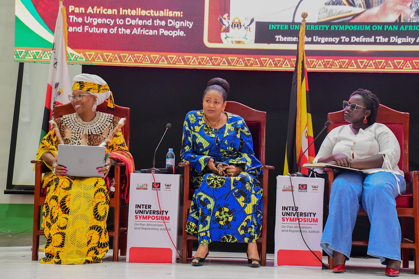 Female panelists at the Symposium. Inter-University Symposium on Pan-Africanism and Reparatory Justice held ahead 21st May 2025 of the Africa Day Celebrations with over 23 participating Universities, Main Hall, Makerere University, Kampala Uganda, East Africa.