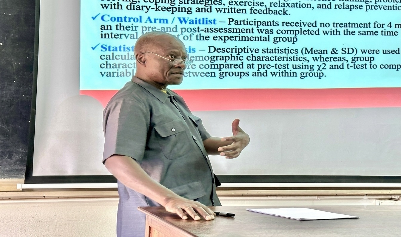 Professor Baguma Peter, the Principal Investigator presenting the study methodology and research design during the dissemination of findings. Physiology Lecture Theatre at the College of Health Sciences, Mulago Hospital Complex, Makerere University, Kampala Uganda, East Africa.