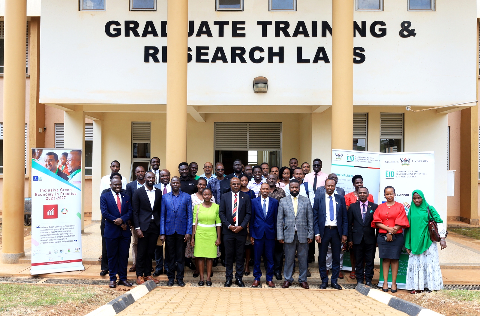 A group photo of all the delegates who attended the graduation ceremony on 25th June 2026. Makerere University Environment for Development Initiative (EfD- Mak Centre) graduation of five senior government officials under the 2025 Inclusive Green Economy (IGE) Fellowship Programme, equipping them with advanced knowledge and skills to champion climate-smart agriculture (CSA) and sustainable development in Uganda, June 25, 2026, Makerere University Agricultural Research Institute, Kabanyolo (MUARIK), Wakiso, East Africa.