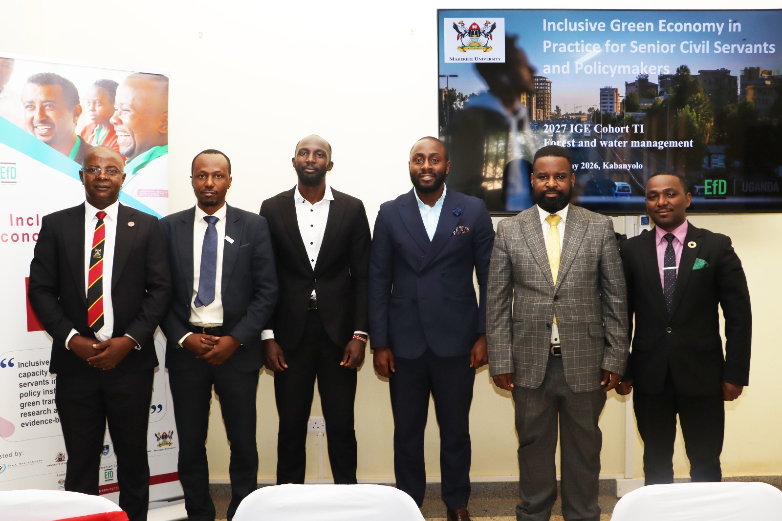 The panelists pose for a photo with the Director of EfD, Prof. Edward Bbaale after the panel discussion. Makerere University Environment for Development Initiative (EfD- Mak Centre) graduation of five senior government officials under the 2025 Inclusive Green Economy (IGE) Fellowship Programme, equipping them with advanced knowledge and skills to champion climate-smart agriculture (CSA) and sustainable development in Uganda, June 25, 2026, Makerere University Agricultural Research Institute, Kabanyolo (MUARIK), Wakiso, East Africa.