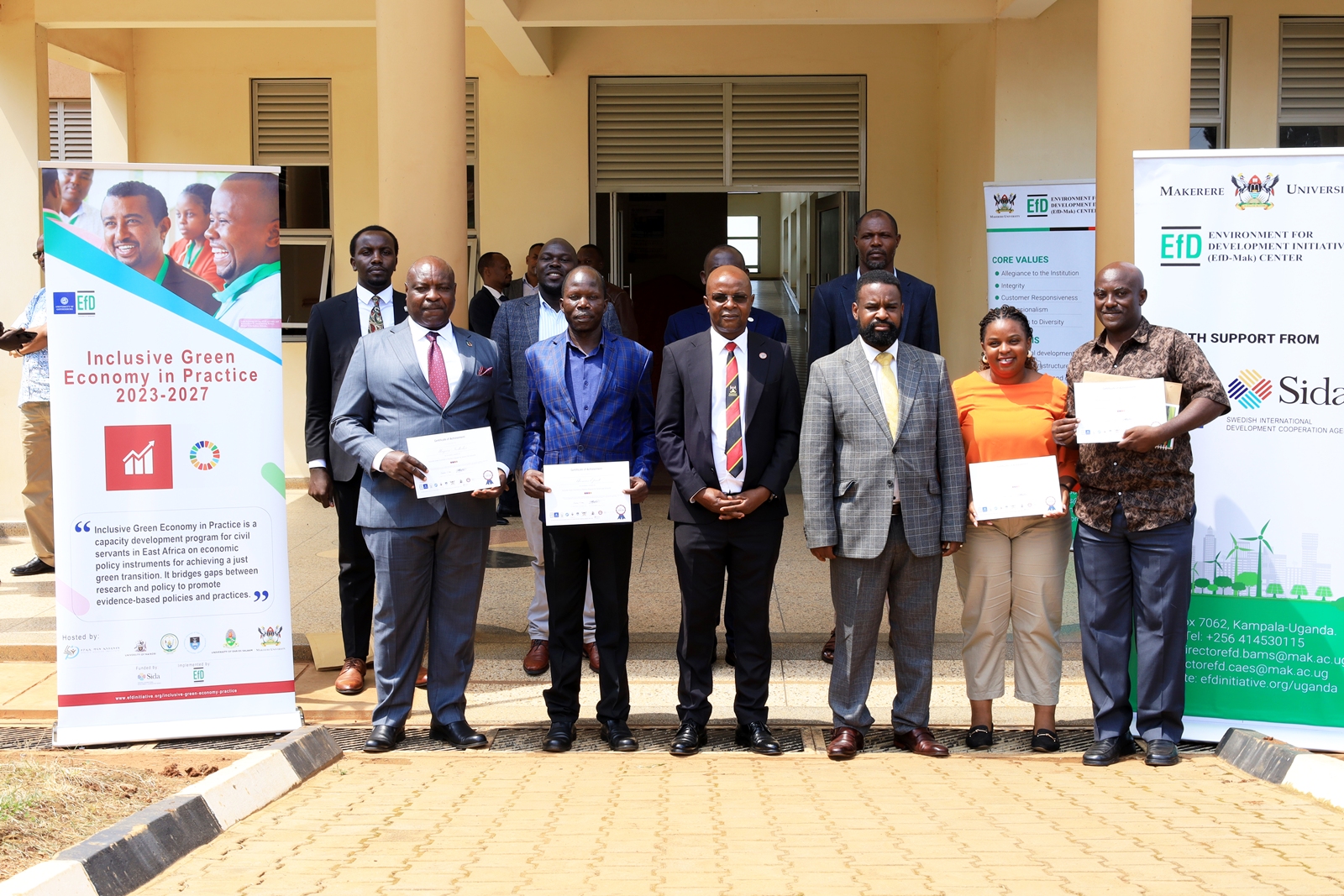Graduates pose for a group photo with Prof. Edward Bbaale and Prof. Robert Wamala after the graduation. Makerere University Environment for Development Initiative (EfD- Mak Centre) graduation of five senior government officials under the 2025 Inclusive Green Economy (IGE) Fellowship Programme, equipping them with advanced knowledge and skills to champion climate-smart agriculture (CSA) and sustainable development in Uganda, June 25, 2026, Makerere University Agricultural Research Institute, Kabanyolo (MUARIK), Wakiso, East Africa.