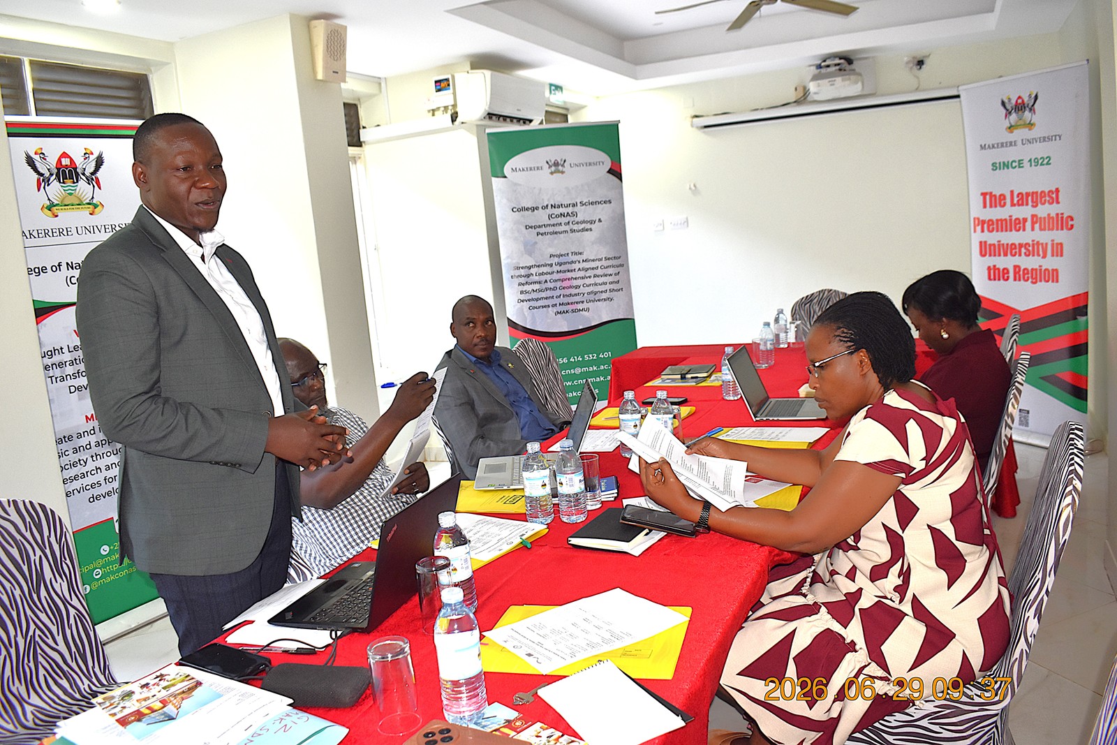 The Project Coordinator, Dr Denis Mutebi briefing the team about the planned activities on the first day of the inception workshop held at Nyumbani Hotel in Kampala on 29th June 2026. Department of Geology and Petroleum Studies, inception workshop of comprehensive project to reform geology education and strengthen Uganda’s human resource capacity for the mineral sector through “Strengthening Uganda’s Mineral Sector through Labour-Market Aligned Curricula Reforms: A Comprehensive Review of BSc/MSc/PhD Geology Curricula and Development of Industry-Aligned Short Courses at Makerere University (Mak-SDMU) Project, 29th June-1st July 2026, Nyumbani Hotel, Kampala Uganda, East Africa, funded by the Government of the Federal Republic of Germany and the European Union through GIZ, in partnership with Ministry of Energy and Mineral Development (MEMD).