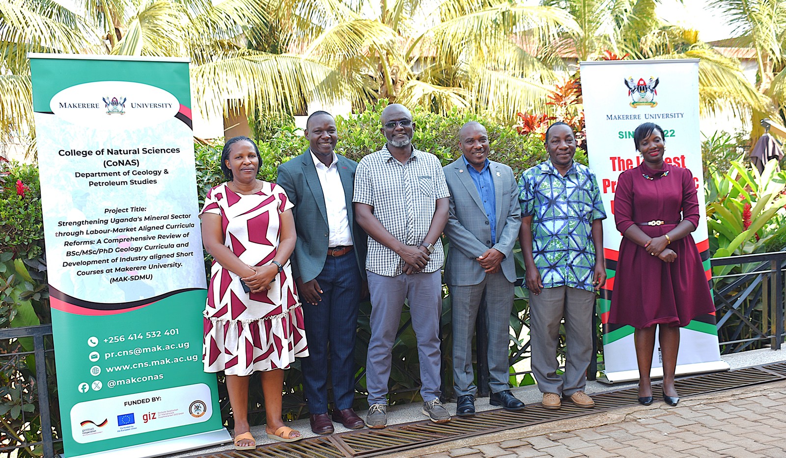 Left-Right: Some of the project team members – Ms. Claire Birungi, Dr Denis Mutebi, Dr Arthur Batte, Prof. Winston Tumps Ireeta, Dr John Mary Kiberu, and Dr Joan Nakajigo. Department of Geology and Petroleum Studies, inception workshop of comprehensive project to reform geology education and strengthen Uganda’s human resource capacity for the mineral sector through “Strengthening Uganda’s Mineral Sector through Labour-Market Aligned Curricula Reforms: A Comprehensive Review of BSc/MSc/PhD Geology Curricula and Development of Industry-Aligned Short Courses at Makerere University (Mak-SDMU) Project, 29th June-1st July 2026, Nyumbani Hotel, Kampala Uganda, East Africa, funded by the Government of the Federal Republic of Germany and the European Union through GIZ, in partnership with Ministry of Energy and Mineral Development (MEMD).