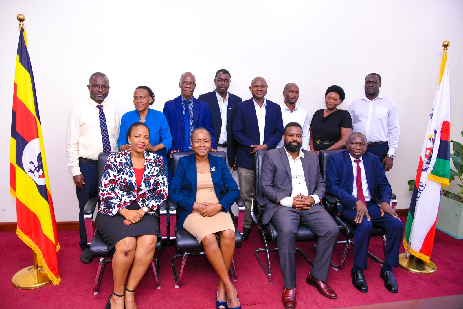 Seated: Prof. Sarah Ssali (2nd L) and Prof. Robert Wamala (2nd R) with Chairpersons of Research Ethics Committees on 25th May 2026. High-level meeting between University Management and Chairpersons of Research Ethics Committees (RECs) held in the Vice Chancellor’s Boardroom, Makerere University Main building, Kampala Uganda, East Africa on May 25, 2026.