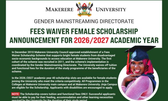 Fees Waiver Female Scholarship Announcement for 2026/2027 Academic Year. Gender Mainstreaming Directorate (GMD), Makerere University, Kampala Uganda, East Africa.