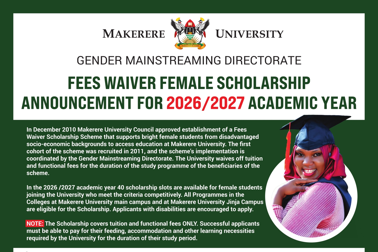 Fees Waiver Female Scholarship Announcement for 2026/2027 Academic Year. Gender Mainstreaming Directorate (GMD), Makerere University, Kampala Uganda, East Africa.